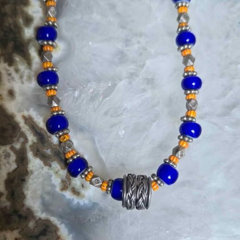 Handcrafted Cobalt Blue Glass Bead Necklace | Artisan Silver Tone Focal Bead